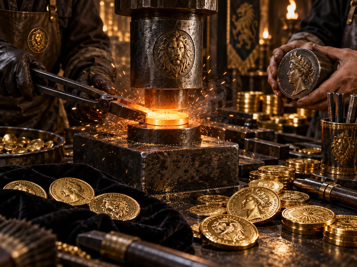 Cena artística de fabricação de moedas de ouro em uma oficina