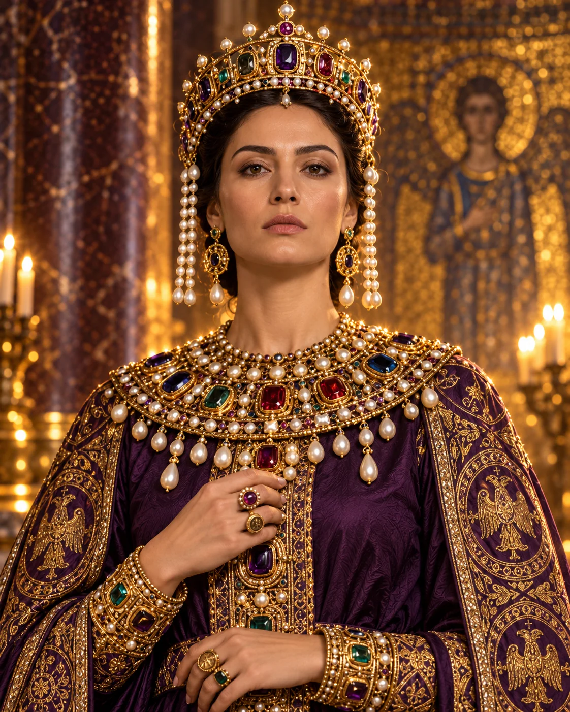 Retrato artístico de uma imperatriz com coroa e joias de ouro