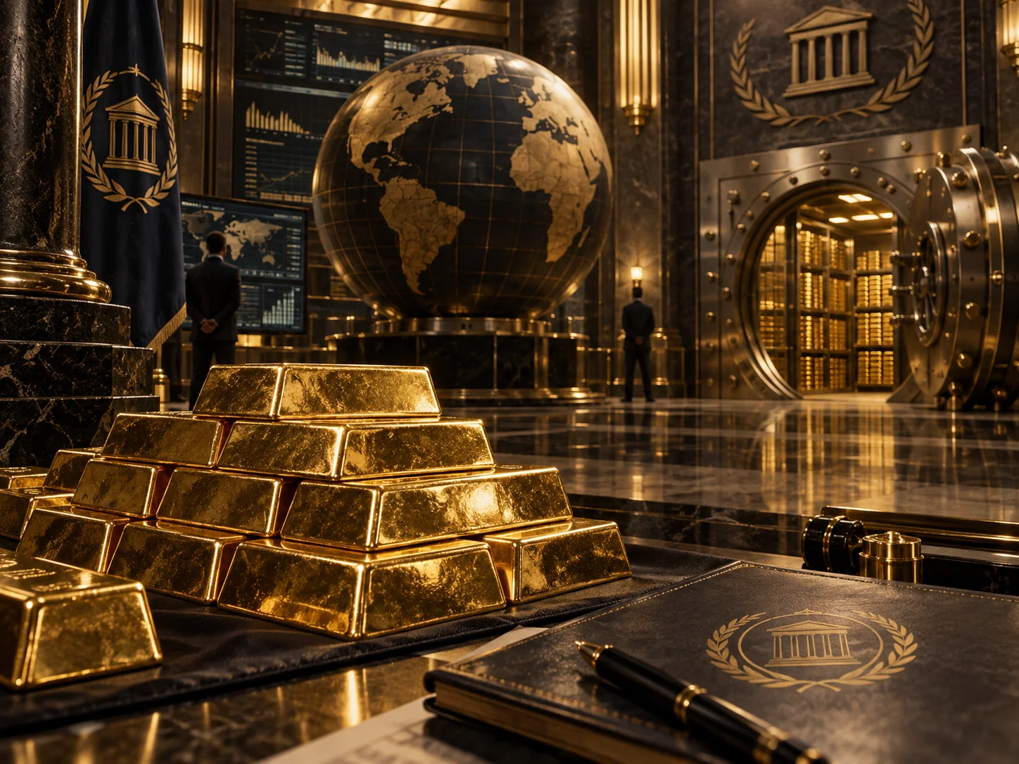 Composição artística com barras de ouro, um globo e um cofre ao fundo