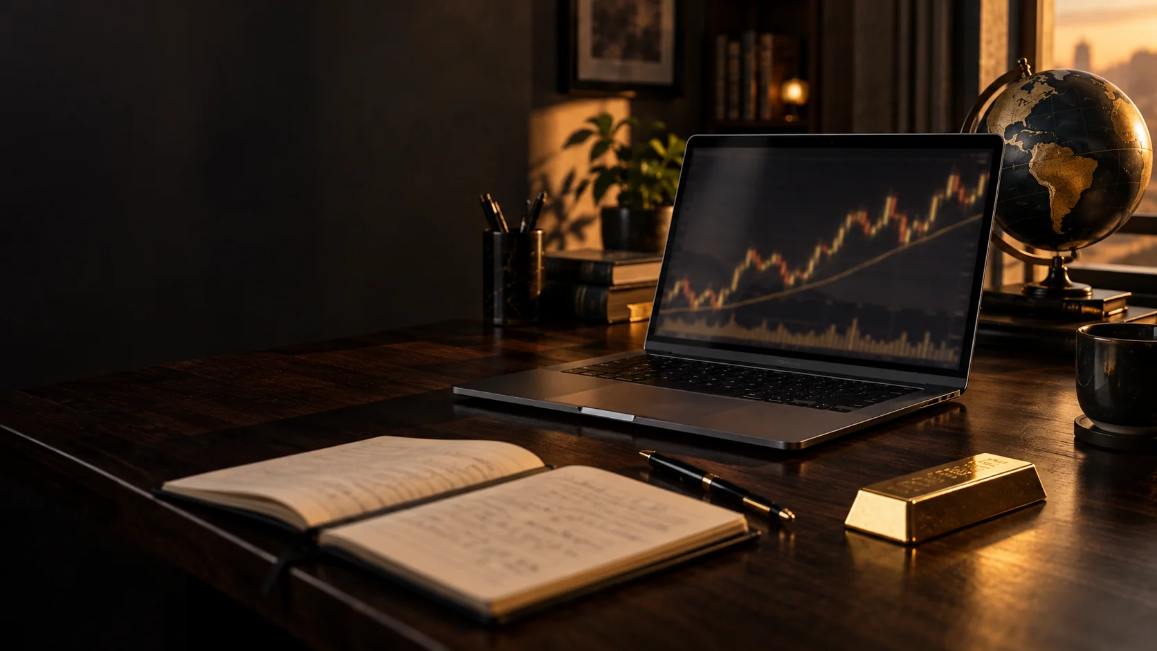 Cena conceitual de estudo em casa: notebook com gráfico, caderno, globo e uma barra de ouro simbólica sob luz dourada