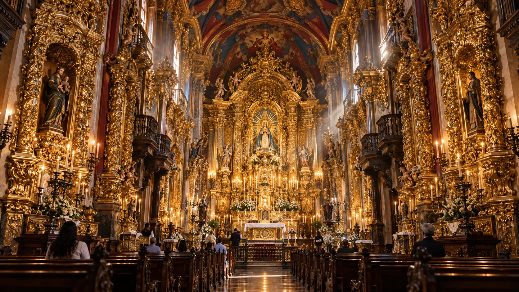 Interpretação artística de um interior barroco coberto de detalhes dourados